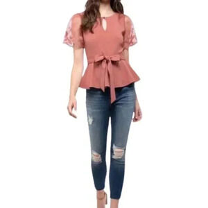 Mine Rose Lace Peplum Tie Waist Blouse